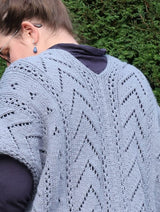 Back view of cardigan vest, showing seam between two panels and v-neck at back neck. thumbnail
