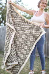 Woman standing in backyard holds throw blanket out to the side, and the bottom is rippled in the wind. The blanket is reversible and uses mosaic crochet to create a geometric pattern in cream and olive green. thumbnail