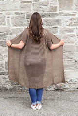 Back view of long knit cardigan. It hangs to the upper calf and is semi-sheer with all over eyelets. thumbnail