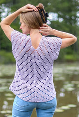 Back view of purple crochet top with v-neck shaping. thumbnail