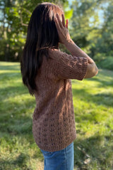 Side back view of short sleeve open cardigan, showing delicate all-over lace pattern. thumbnail
