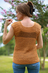Back view of crochet summer top, showing mesh panel across back shoulders. thumbnail