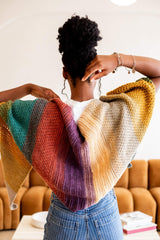 Back view of triangular shawl, worked in a self-striping yarn. The yarn has yellow, tan, purple, rust, and teal. The shawl is made in sections of different tunisian stitch patterns. thumbnail