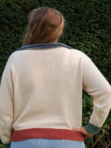Back view of knit long sleeve top, showing back of polo collar. thumbnail