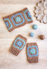 Tan, aqua, and pale blue crochet headband and mitts made of granny squares. thumbnail