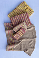 Flat lay of knit tee in a dark beige with striped of yellow and mauve pink at the bottom hem. There are four coordinating device cases/sleeves, ranging from cell phone to laptop size.  thumbnail