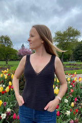 Front view of crochet tank top showing v-neck and eyelet trim.  thumbnail