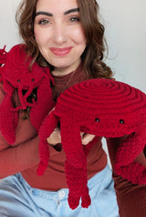 Woman holds two crochet stuffed animals toward camera. One is a crab with a round body, and the other is a lobster with an oblong body. Both are made of red chenille yarn.  thumbnail