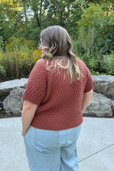 Back view of crochet tee, showing drop shoulder construction and ribbed edging.  thumbnail