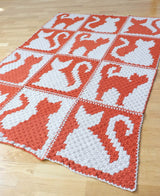 Low angle full view of crochet blanket, showing 3 wide by 4 high bock layout.  thumbnail