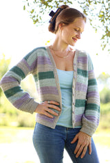 Front view of crochet cardigan worn open over tank top and jeans.  thumbnail