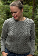 Cropped front view of grey knit sweater showing cable panel on front. thumbnail