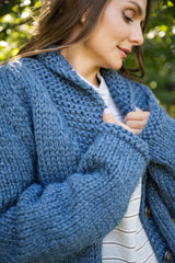 night blue cardigan worn by woman outdoors thumbnail